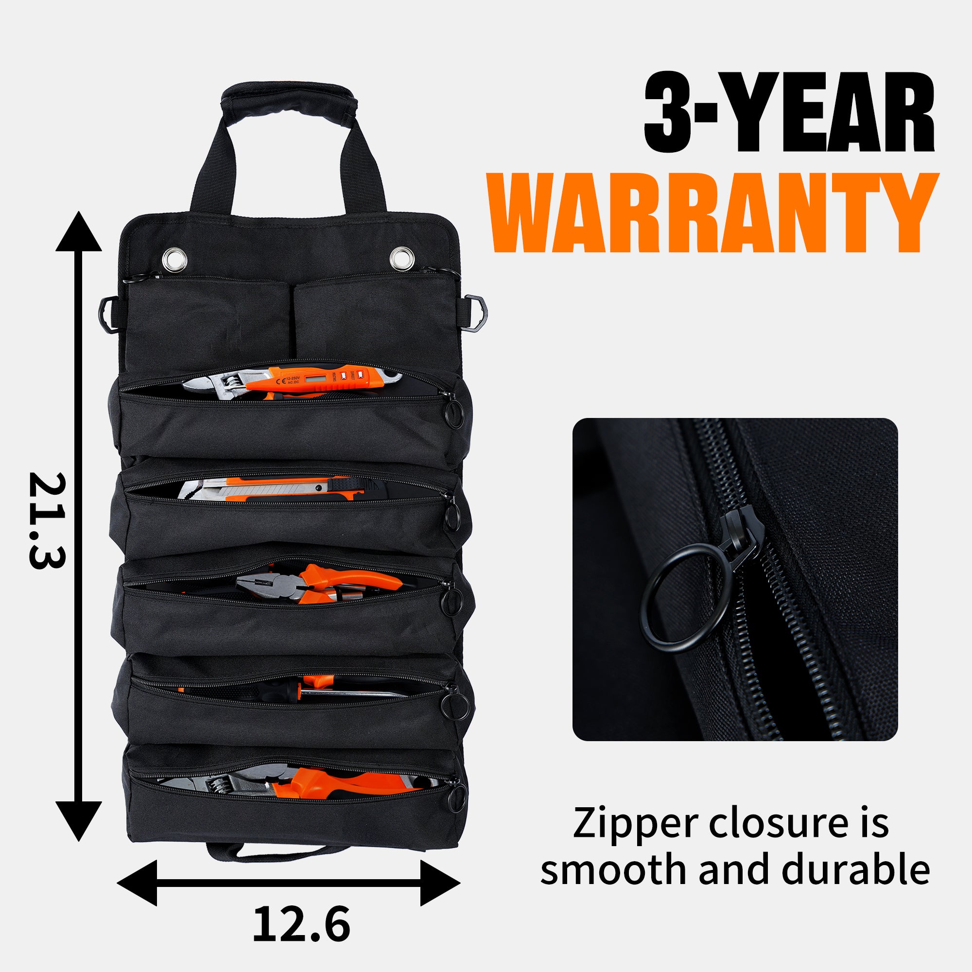 Portable Foldable Roll Up Tool Bag Organizer with 5 Compartments & 2 Detachable Pouches, Heavy Duty Waterproof Tool Pouch Bag for Secure Tool Storage, Tool Roll for Dad Men Electrician Mechanic Gifts