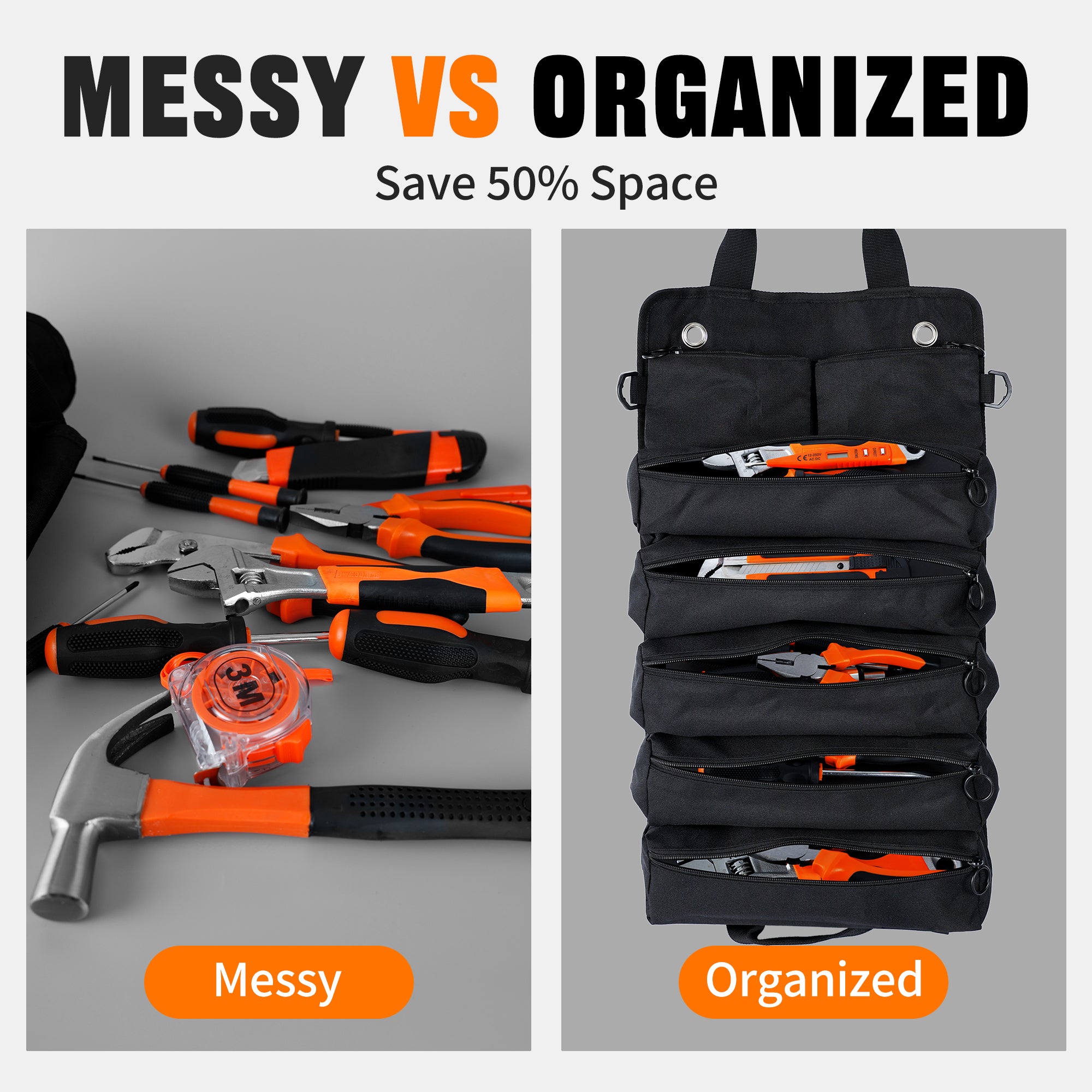 Portable Foldable Roll Up Tool Bag Organizer with 5 Compartments & 2 Detachable Pouches, Heavy Duty Waterproof Tool Pouch Bag for Secure Tool Storage, Tool Roll for Dad Men Electrician Mechanic Gifts
