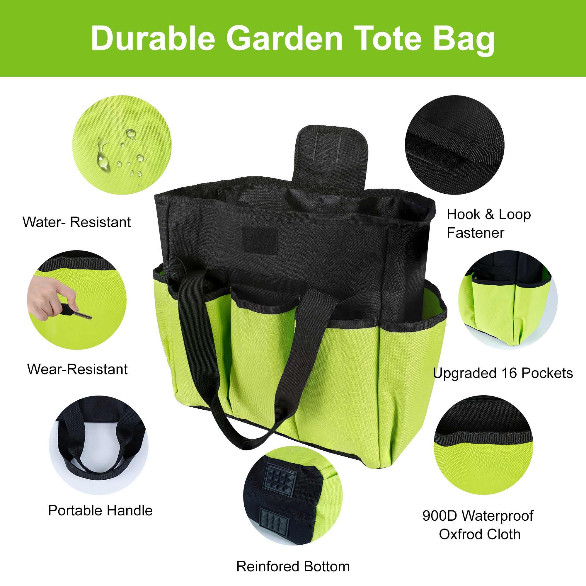 Portable Garden Tool Bag with 16 Pockets & Handle, Durable Waterproof Garden Tote Bag for women & Men, 900D Heavy Duty Gardening Tool Organizer and Storage Bags for Indoor & Outdoor