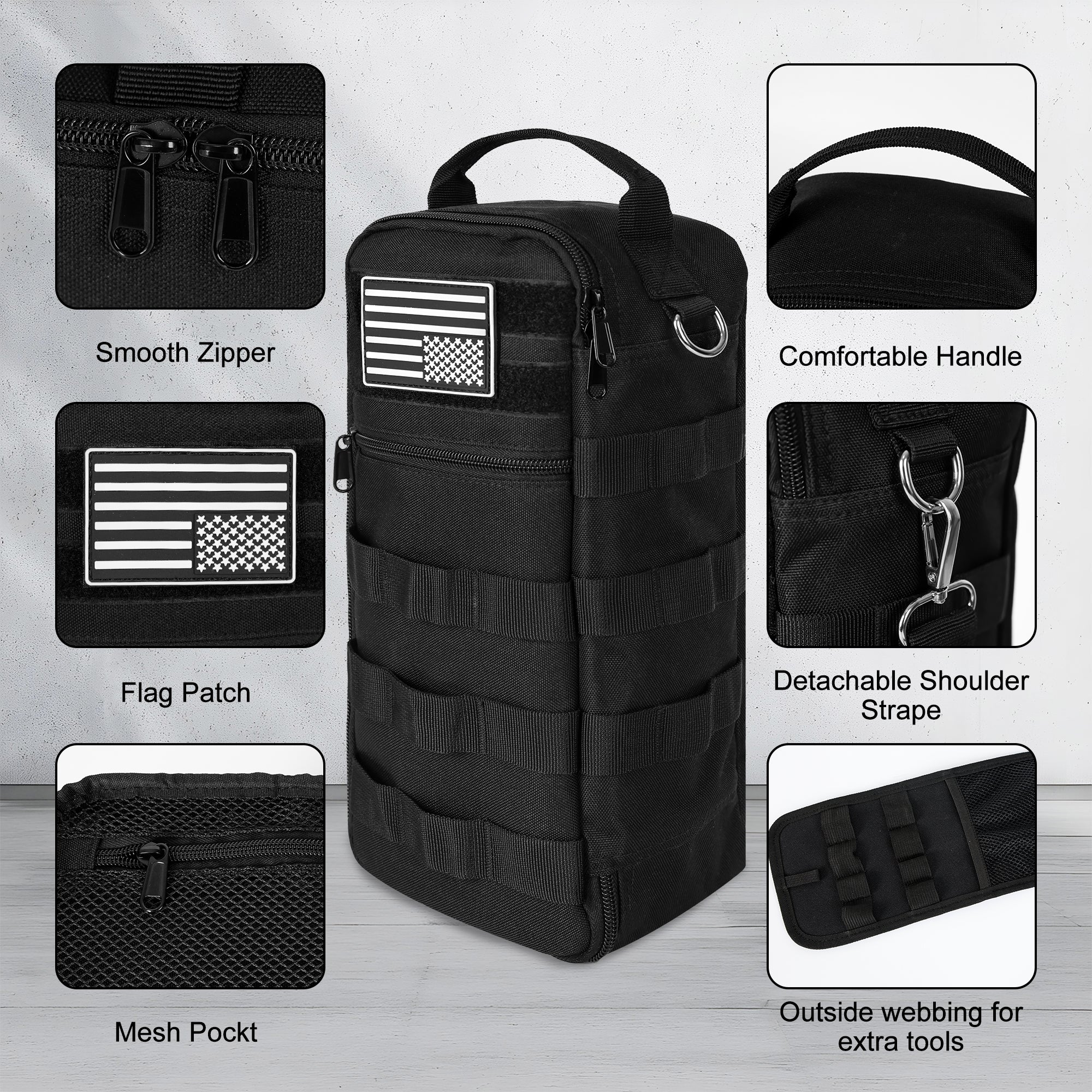 Portable Small Tool Bag, Heavy Duty Tool Pouch Bag with Shoulder Strap and D-ring Clip, Durable Waterproof Multiple Pockets Tool Hand Bag for Electricians, Carpenters, HVAC Technicians (Black)