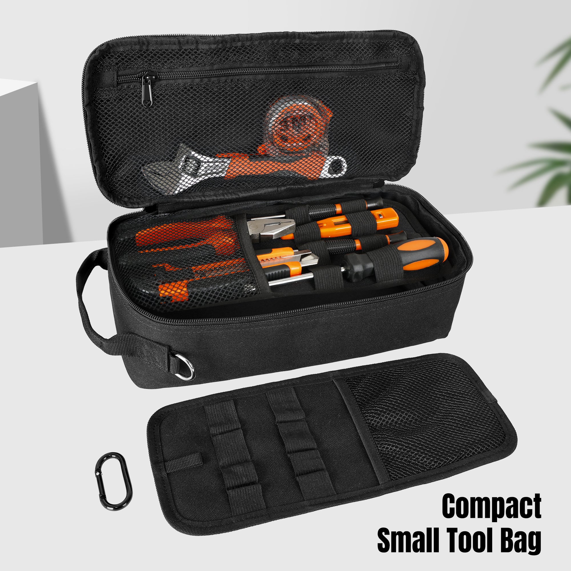 Portable Small Tool Bag, Heavy Duty Tool Pouch Bag with Shoulder Strap and D-ring Clip, Durable Waterproof Multiple Pockets Tool Hand Bag for Electricians, Carpenters, HVAC Technicians (Black)