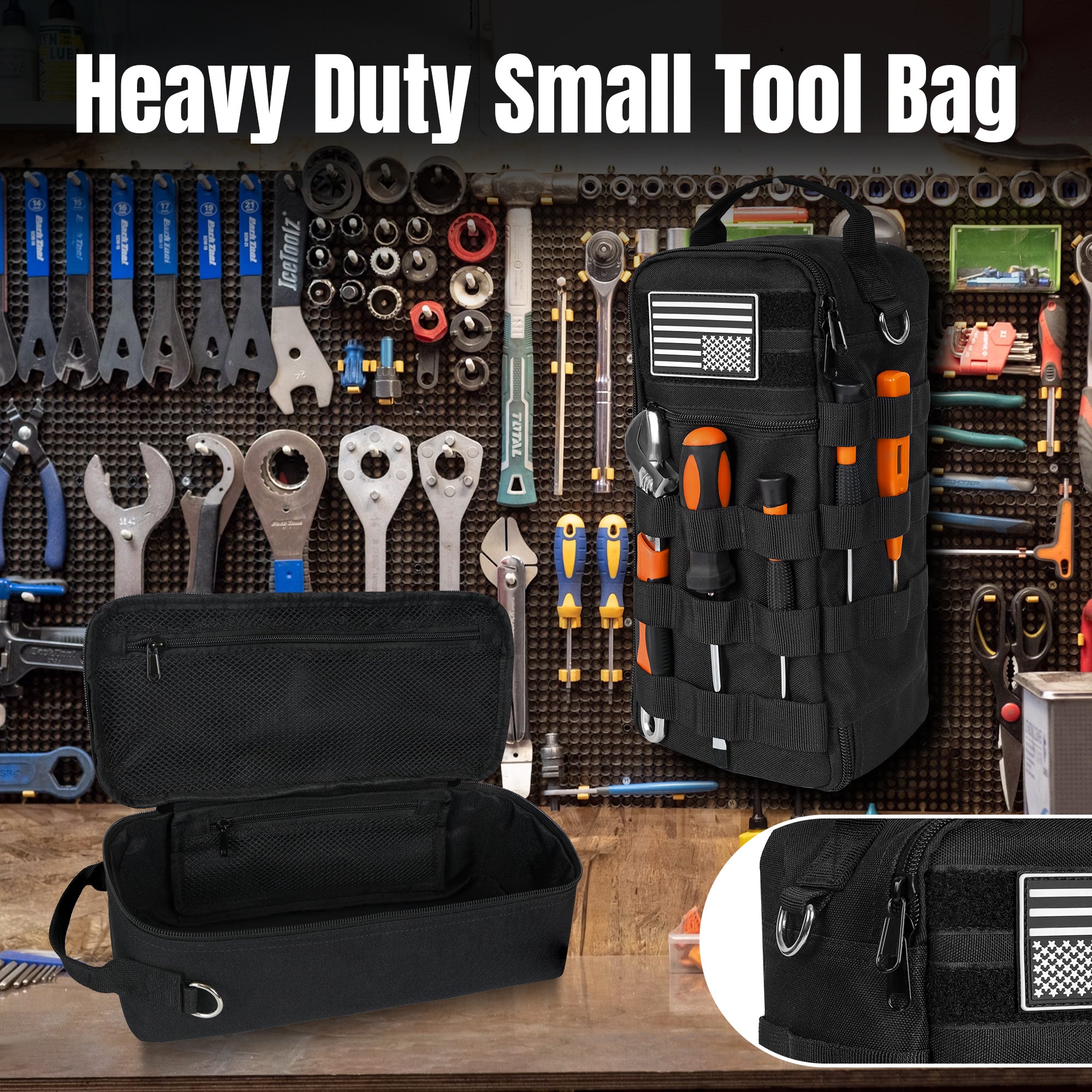 Portable Small Tool Bag, Heavy Duty Tool Pouch Bag with Shoulder Strap and D-ring Clip, Durable Waterproof Multiple Pockets Tool Hand Bag for Electricians, Carpenters, HVAC Technicians (Black)