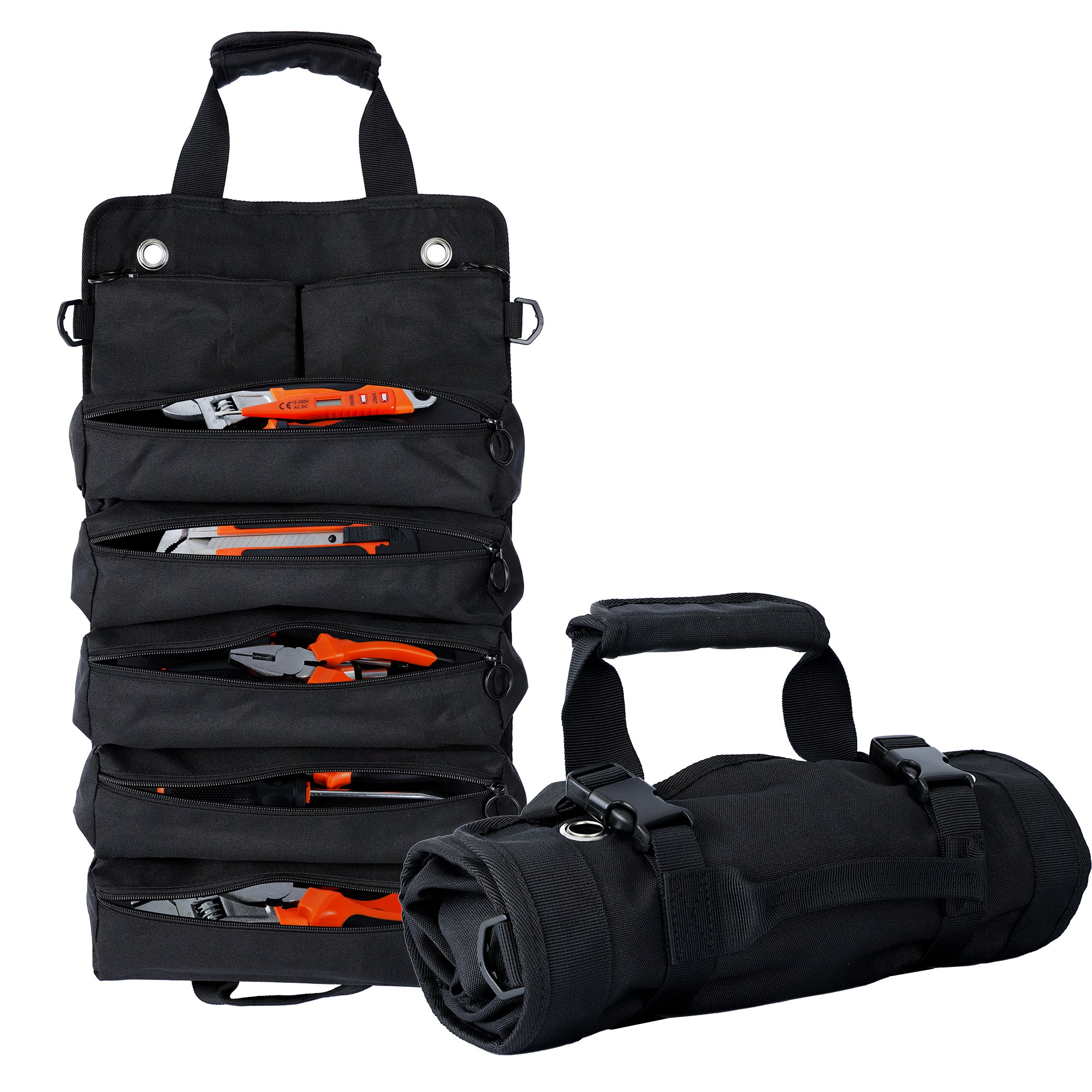 Portable Foldable Roll Up Tool Bag Organizer with 5 Compartments & 2 Detachable Pouches, Heavy Duty Waterproof Tool Pouch Bag for Secure Tool Storage, Tool Roll for Dad Men Electrician Mechanic Gifts