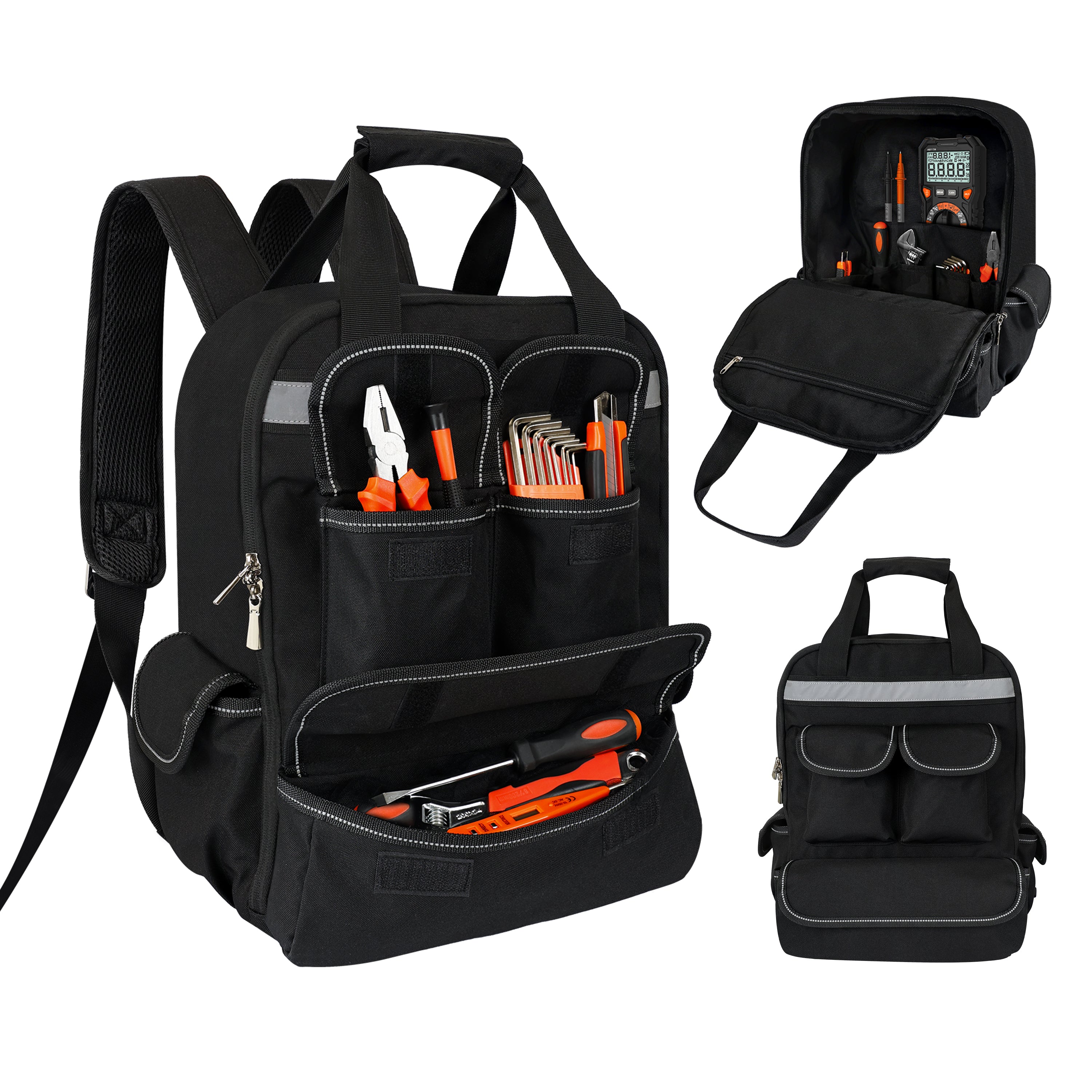 18 Inch Heavy Duty Tool Backpack Bag, Durable Tool Backpack with 17 Pockets, Waterproof Work Tool Bag for Professional Technicians, Electricians, Carpenters, Mechanics, DIY enthusiasts