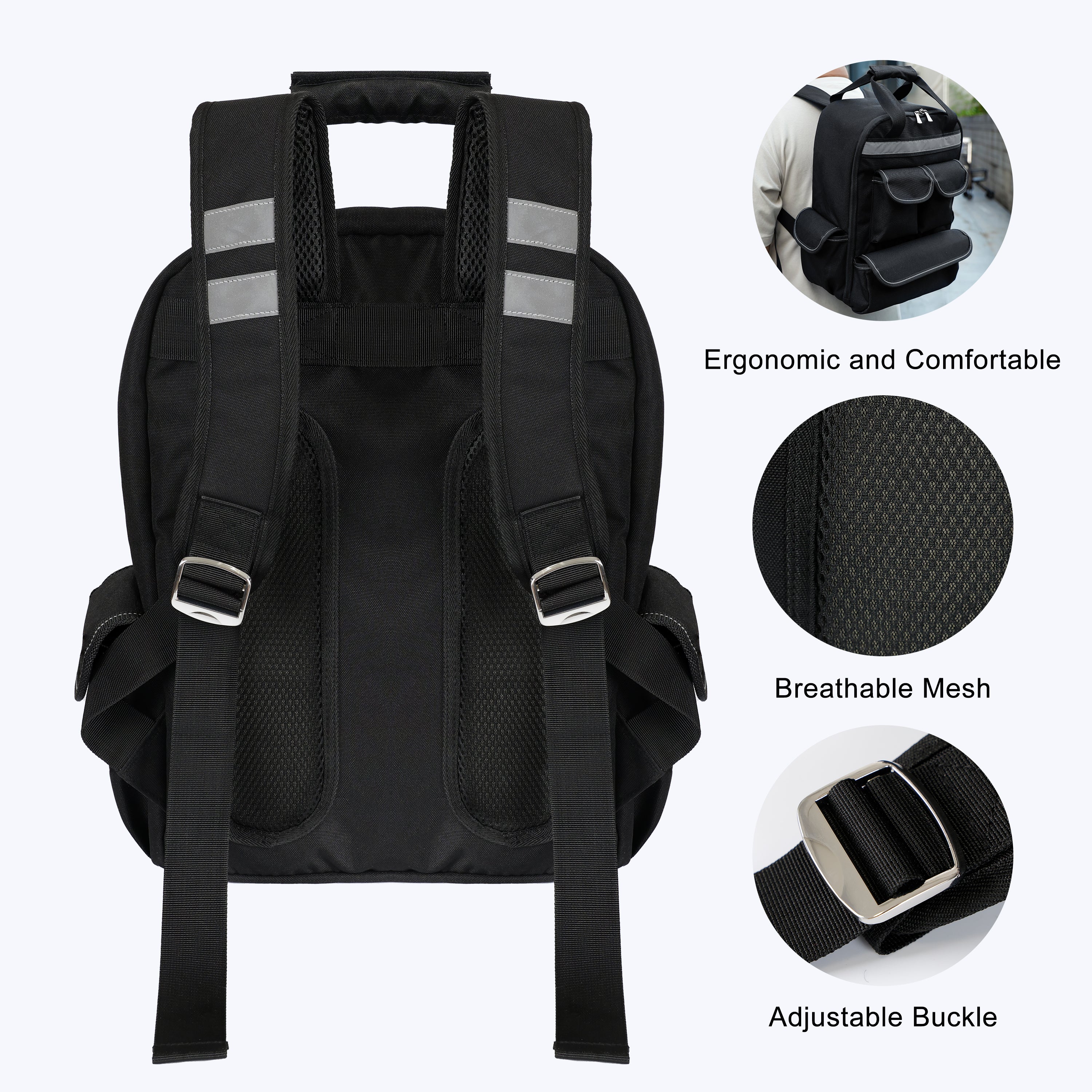 18 Inch Heavy Duty Tool Backpack Bag, Durable Tool Backpack with 17 Pockets, Waterproof Work Tool Bag for Professional Technicians, Electricians, Carpenters, Mechanics, DIY enthusiasts